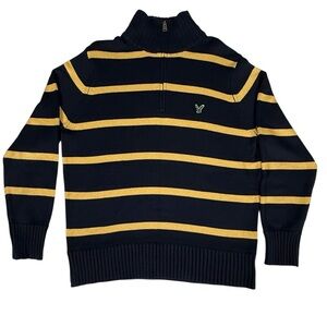 American Eagle Outfitters XXL Striped Quarter-Zip Cotton Sweater yellow/ Blue